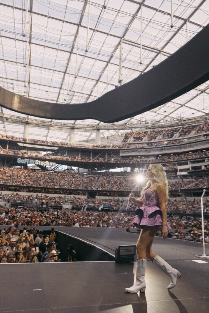 A performer shines under stadium lights in front of a massive crowd.
