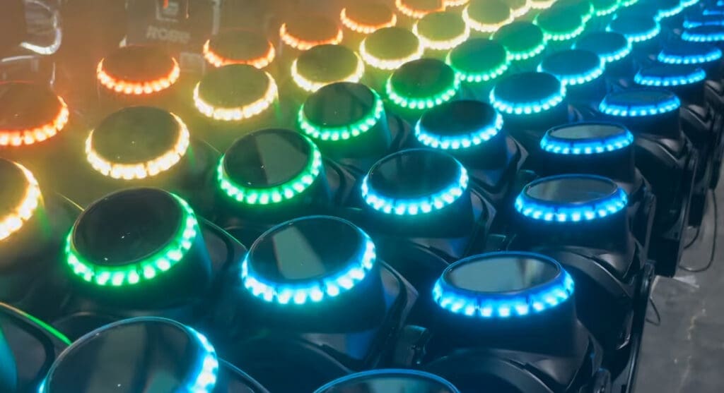 Close-up of colorful LED-illuminated control knobs.