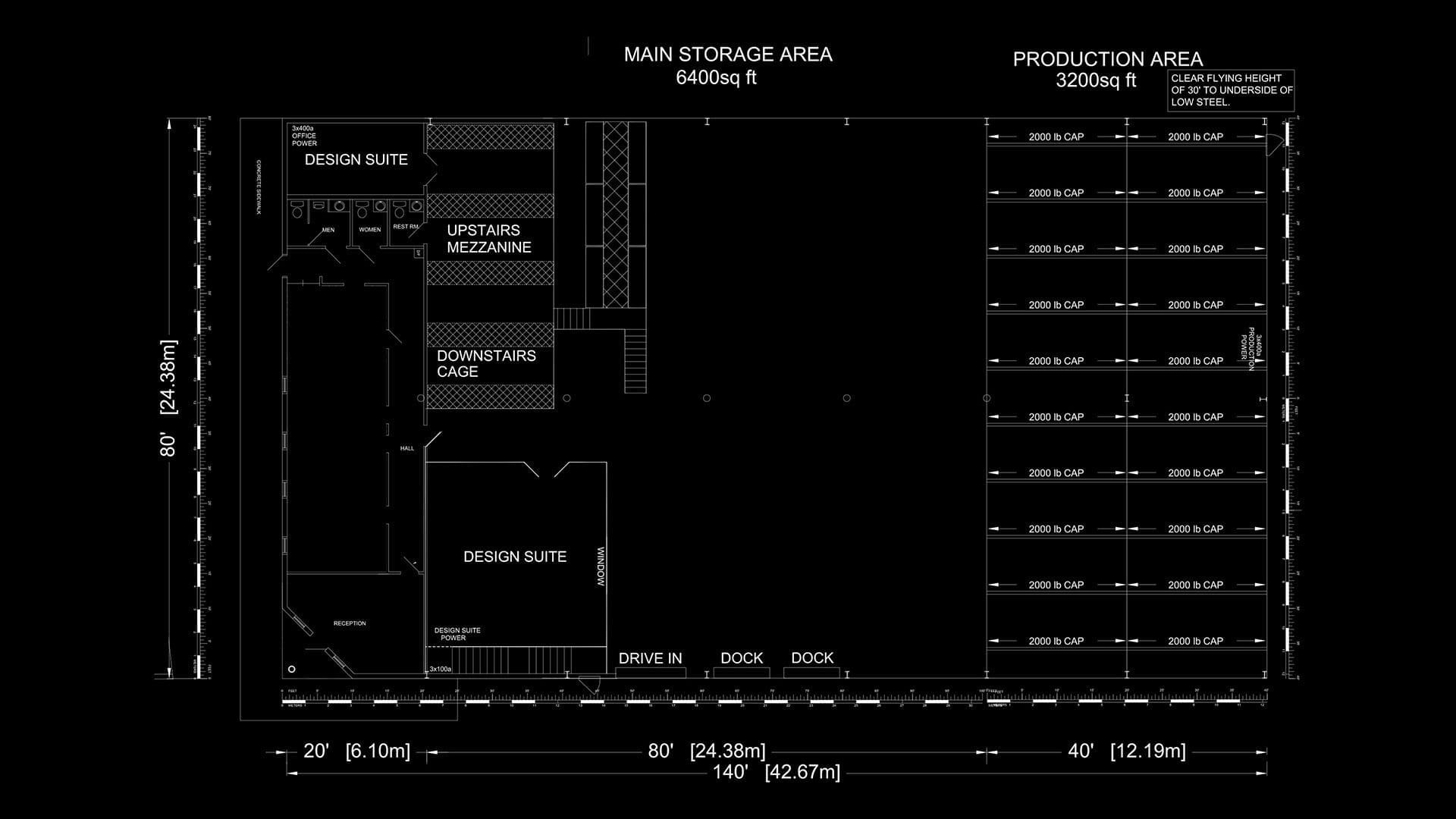 Blueprint of a data storage and processing facility layout.