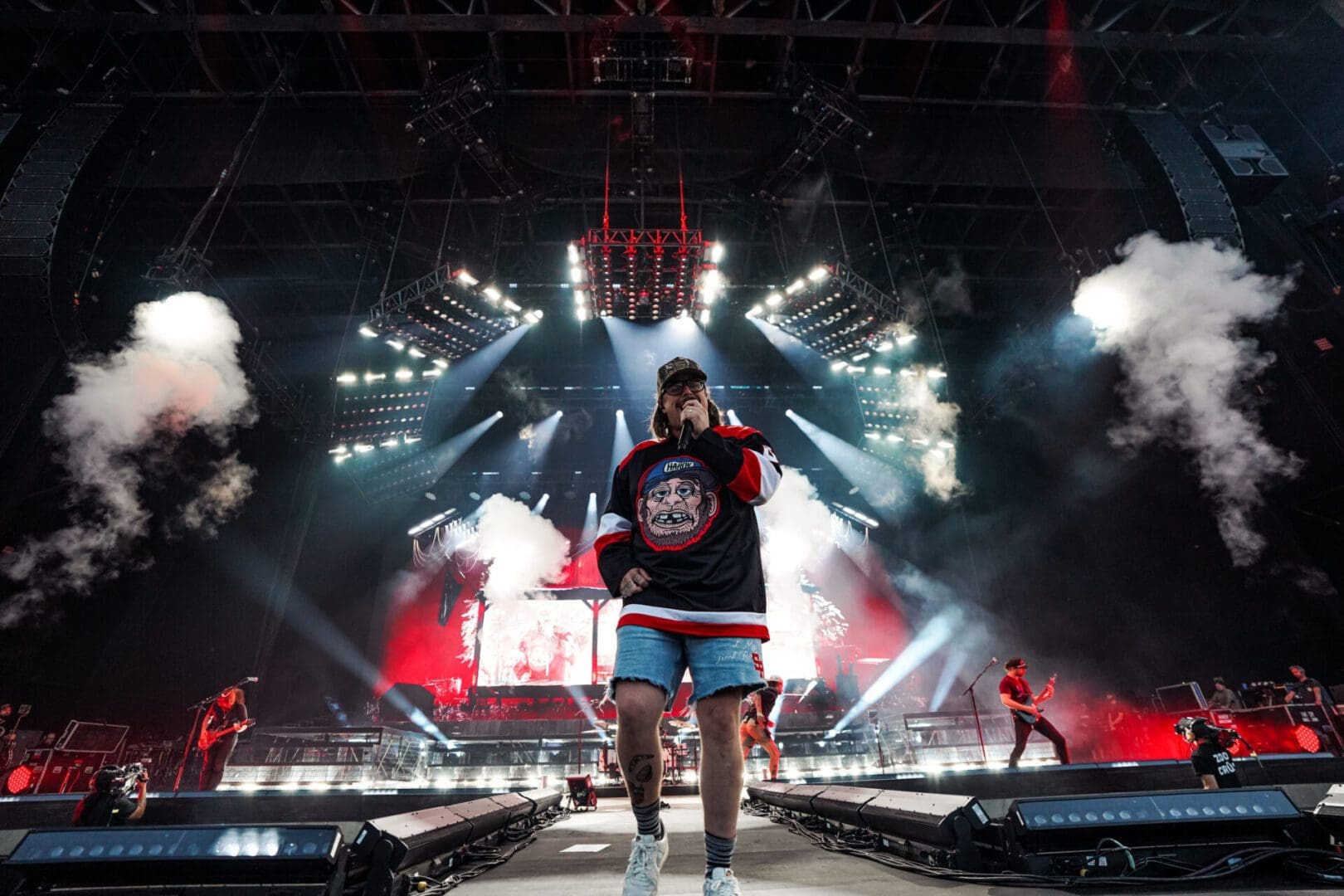 A performer on stage with dynamic lighting and smoke effects at a concert.