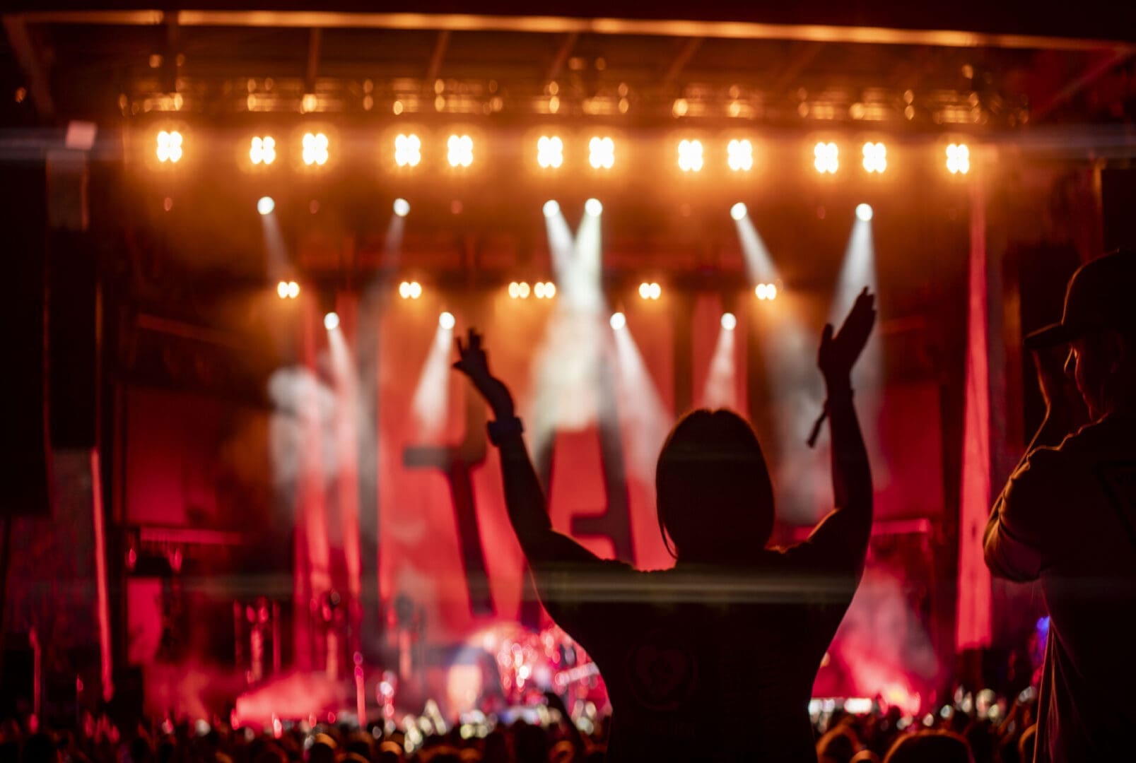 Fan enjoying a lively concert with hands raised in excitement.