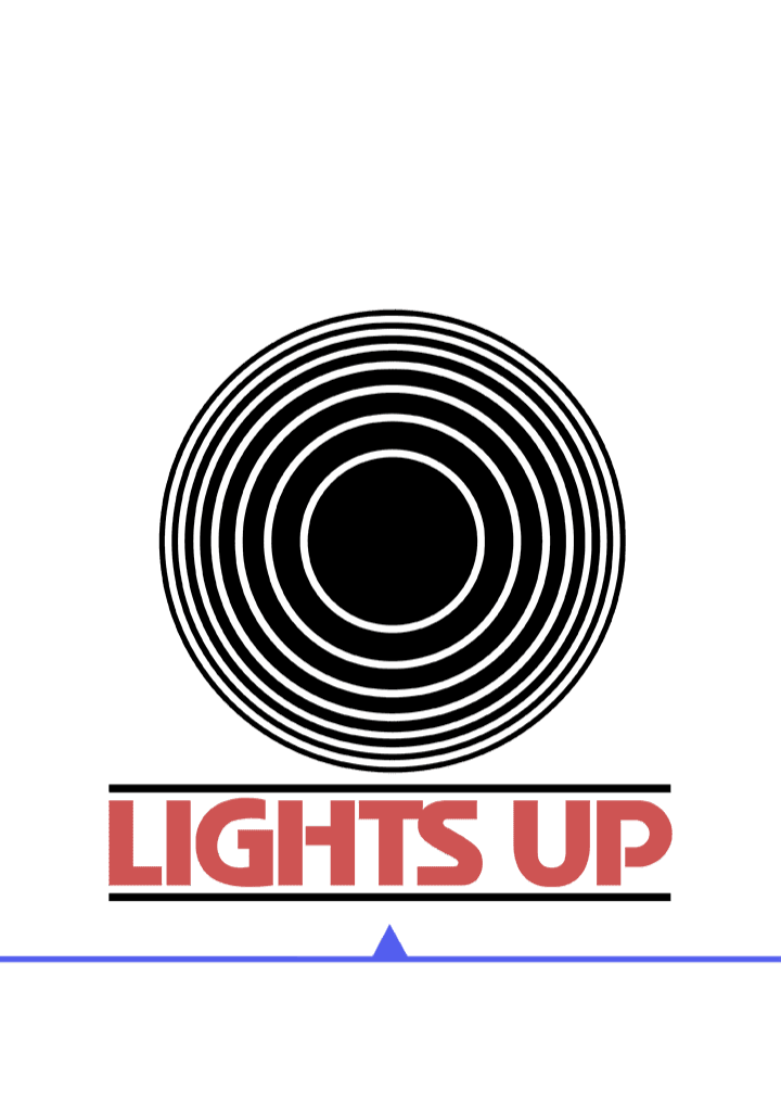 A black and white concentric circle design with 'LIGHTS UP' text below.